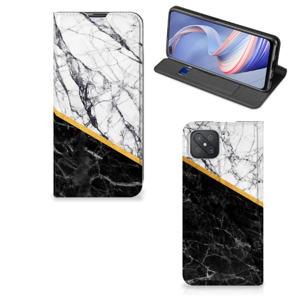 OPPO Reno4 Z 5G Standcase Marmer Wit Zwart - Origineel Cadeau Man - B2C Telecom