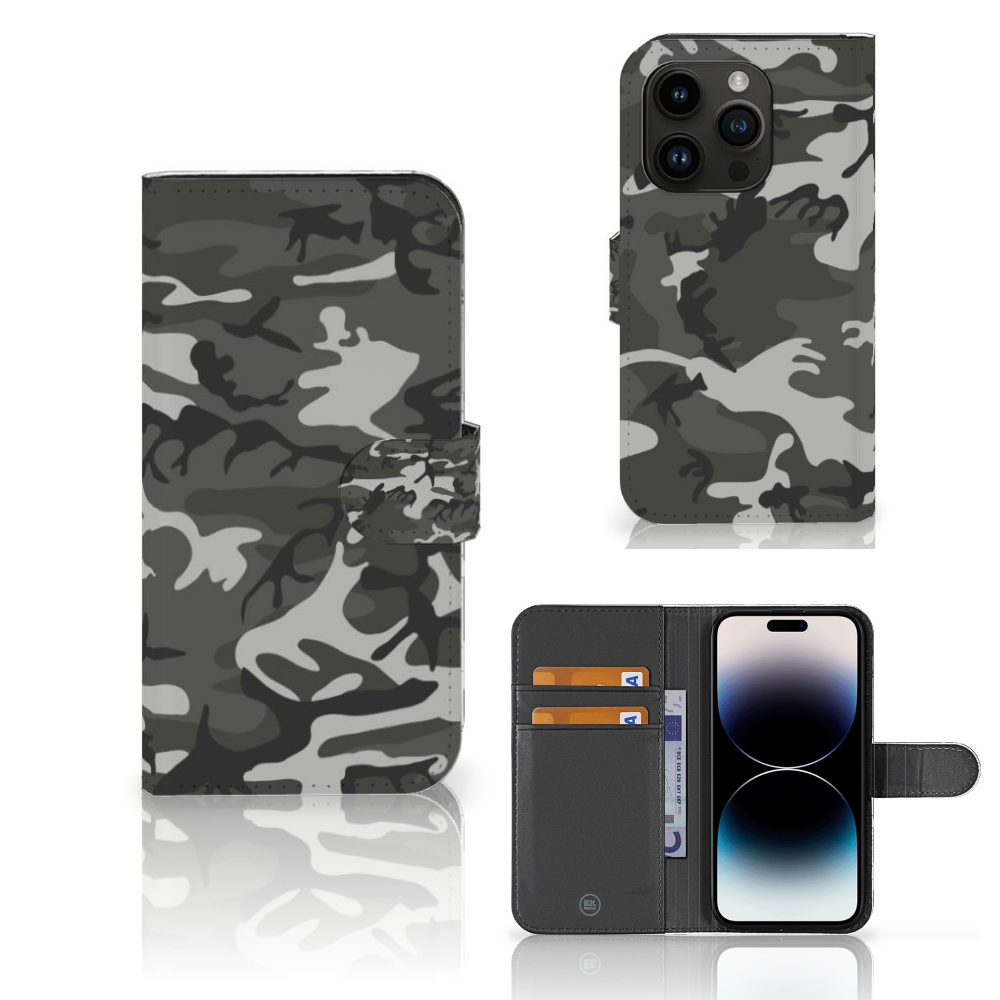 iPhone 15 Pro Telefoon Hoesje Army Light met camouflage print en pasjeshouder đŋ