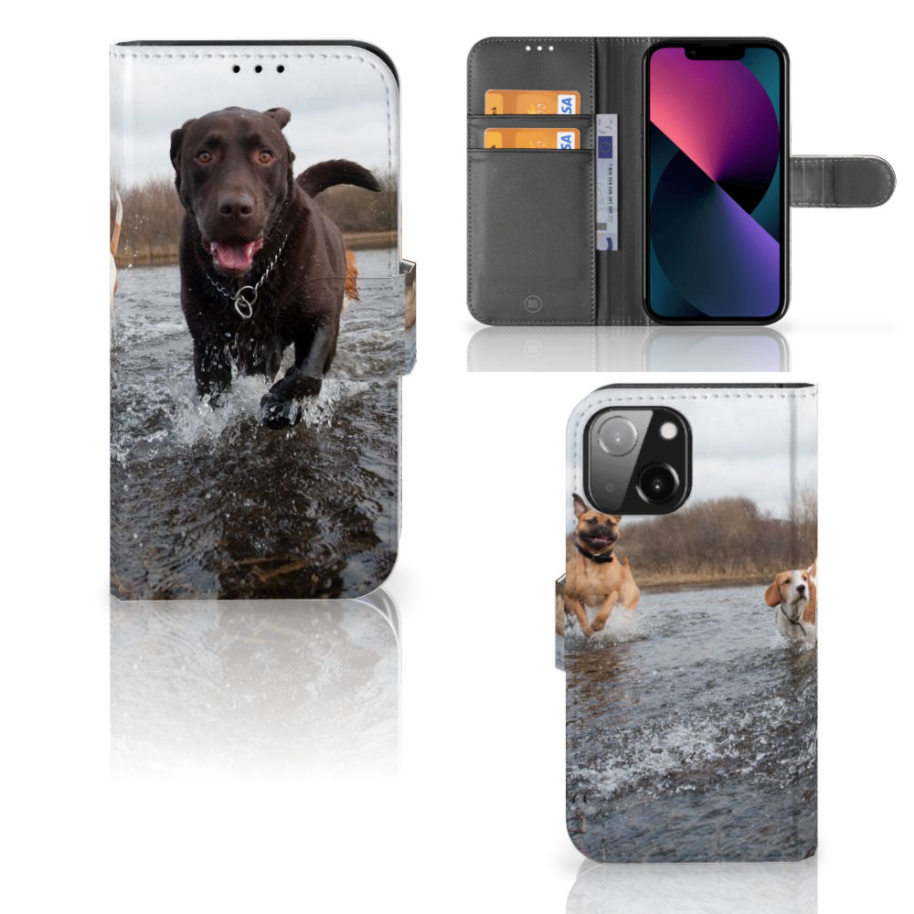 iPhone 13 Mini Telefoonhoesje met Pasjes Honden Labrador - vrolijke labrador in water met ruimte voor pasjes đ