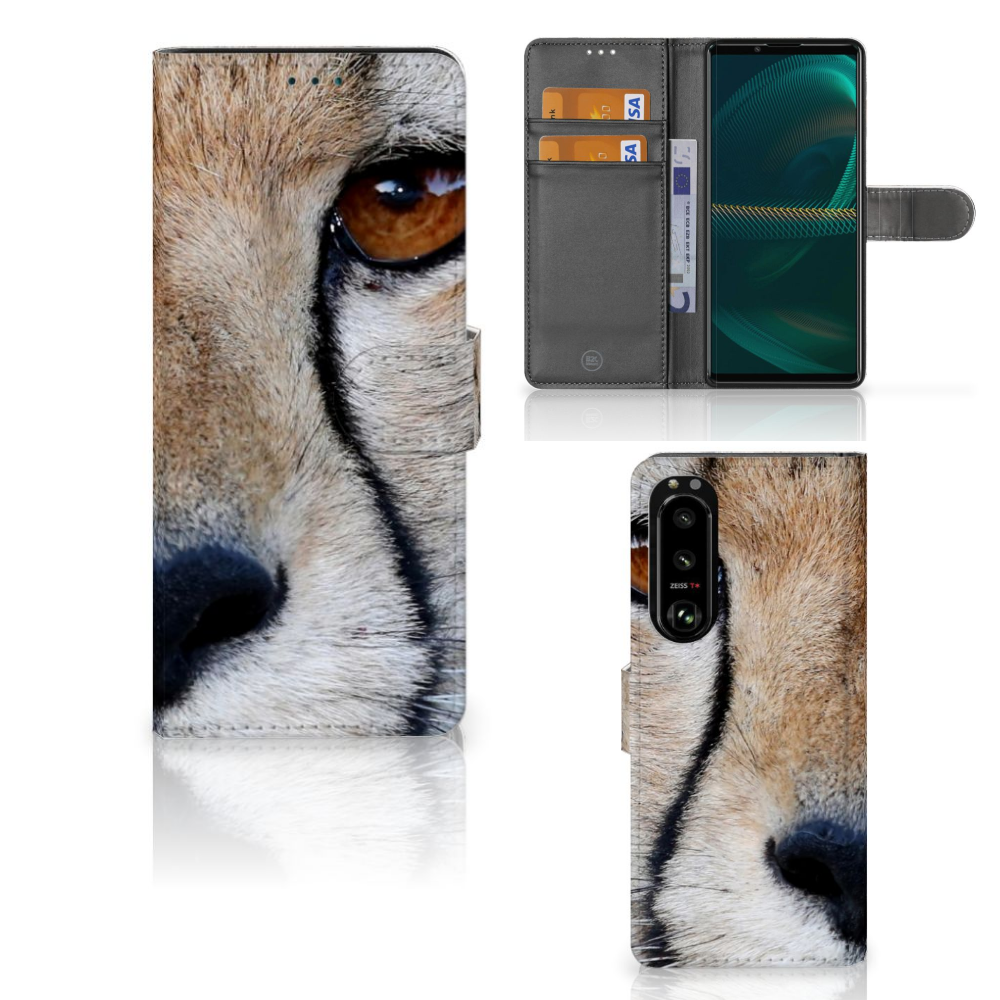 Sony Xperia 5III Telefoonhoesje met Pasjes Cheetah close-up van cheeta met pasjesruimte