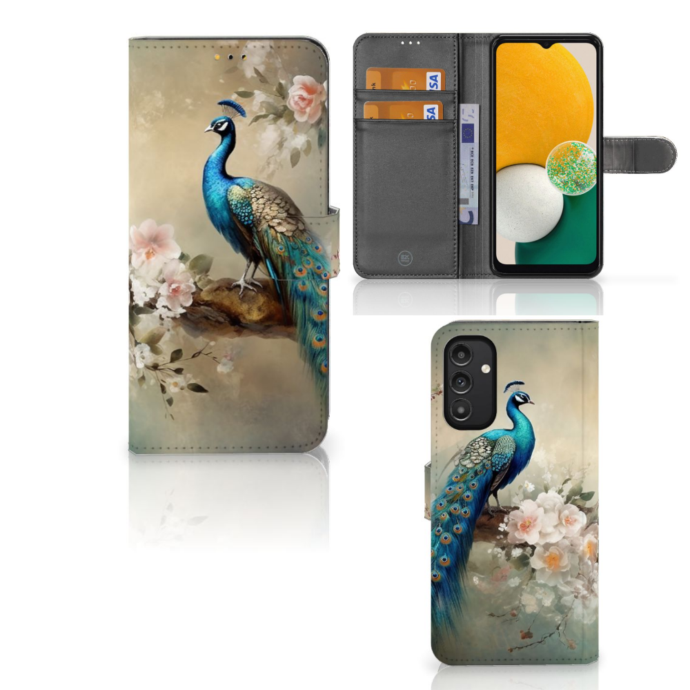 Telefoonhoesje met Pasjes voor Samsung Galaxy A14 5G Vintage Pauwen, met kleurrijke pauwenprint en bloemenpatroon.