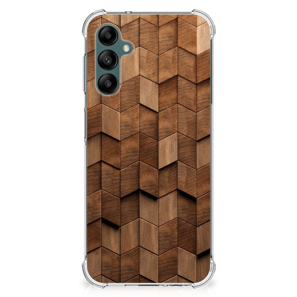 Stevig Telefoonhoesje voor Samsung Galaxy A14 5G/4G Wooden Cubes met uniek houten printdesign.