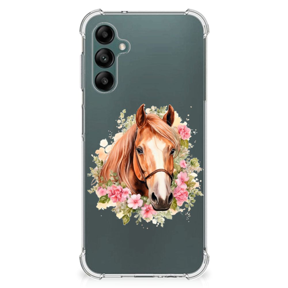 Case Anti-shock voor Samsung Galaxy A14 5G/4G Paard met paardenafbeelding en bloemenontwerp op een groene achtergrond.