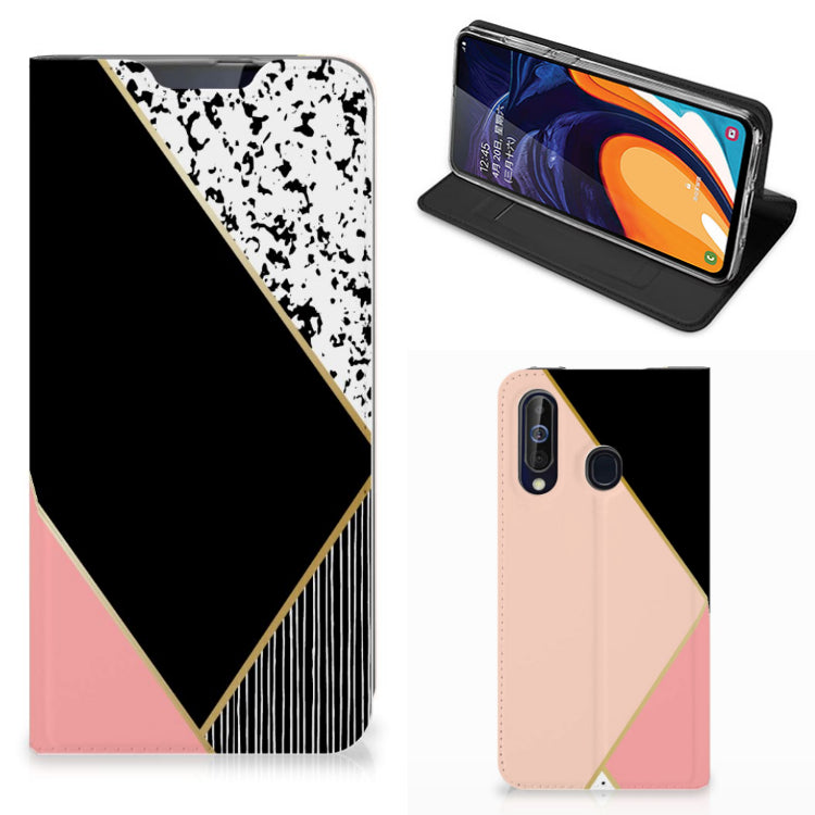 Samsung Galaxy A60 Stand Case Zwart Roze Vormen
