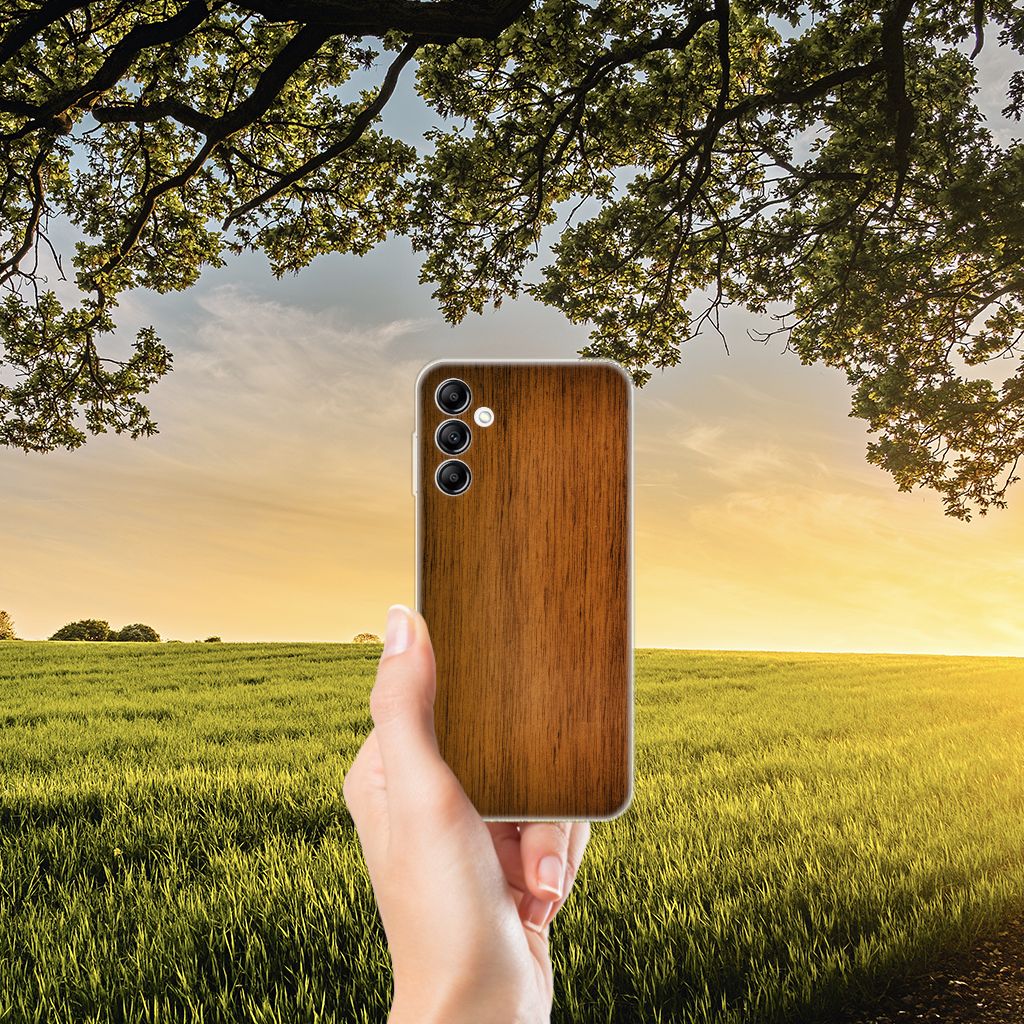 Samsung Galaxy A14 5G Bumper Hoesje Donker Hout met natuur op de achtergrond
