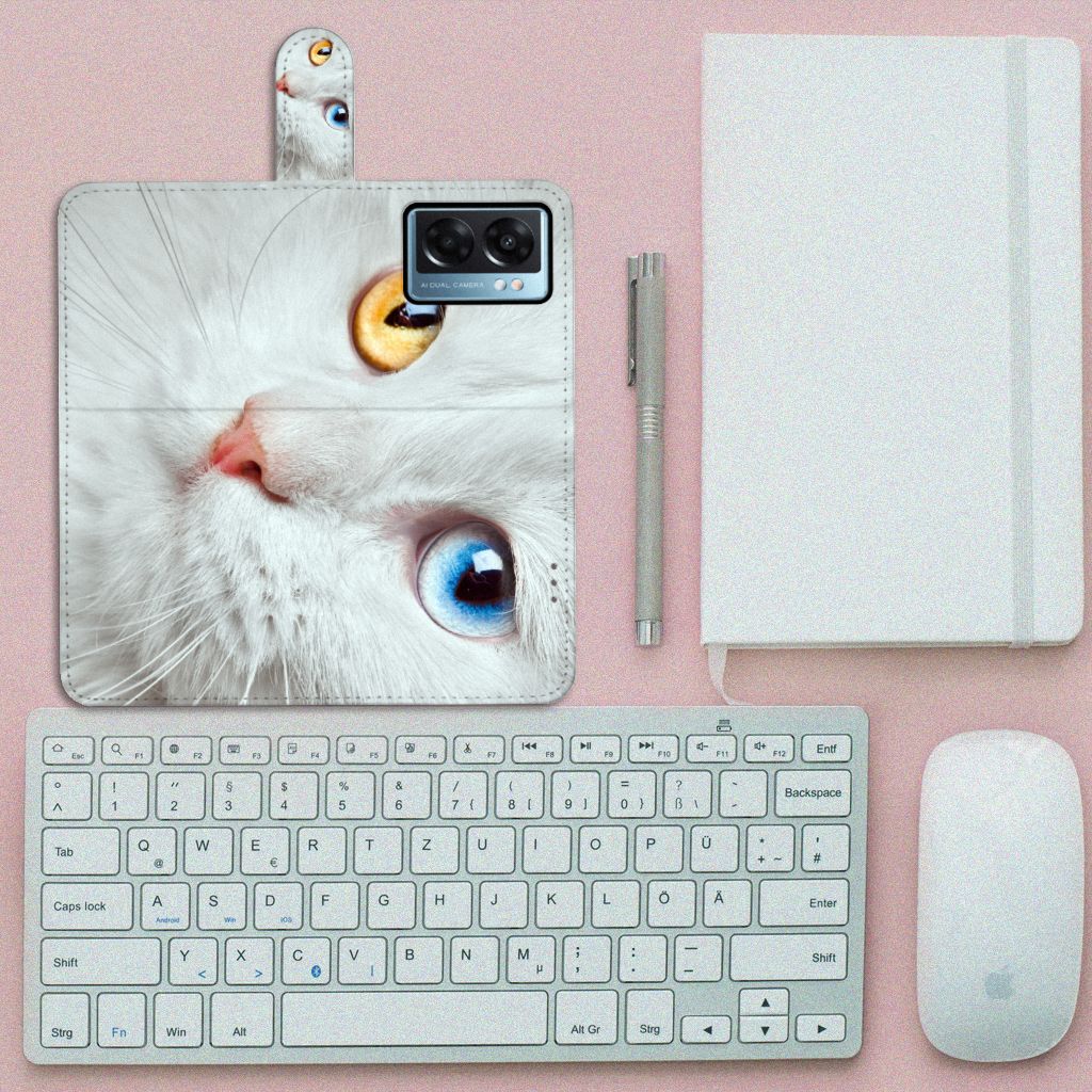 OPPO A77 5G | A57 5G Telefoonhoesje met Pasjes Witte Kat