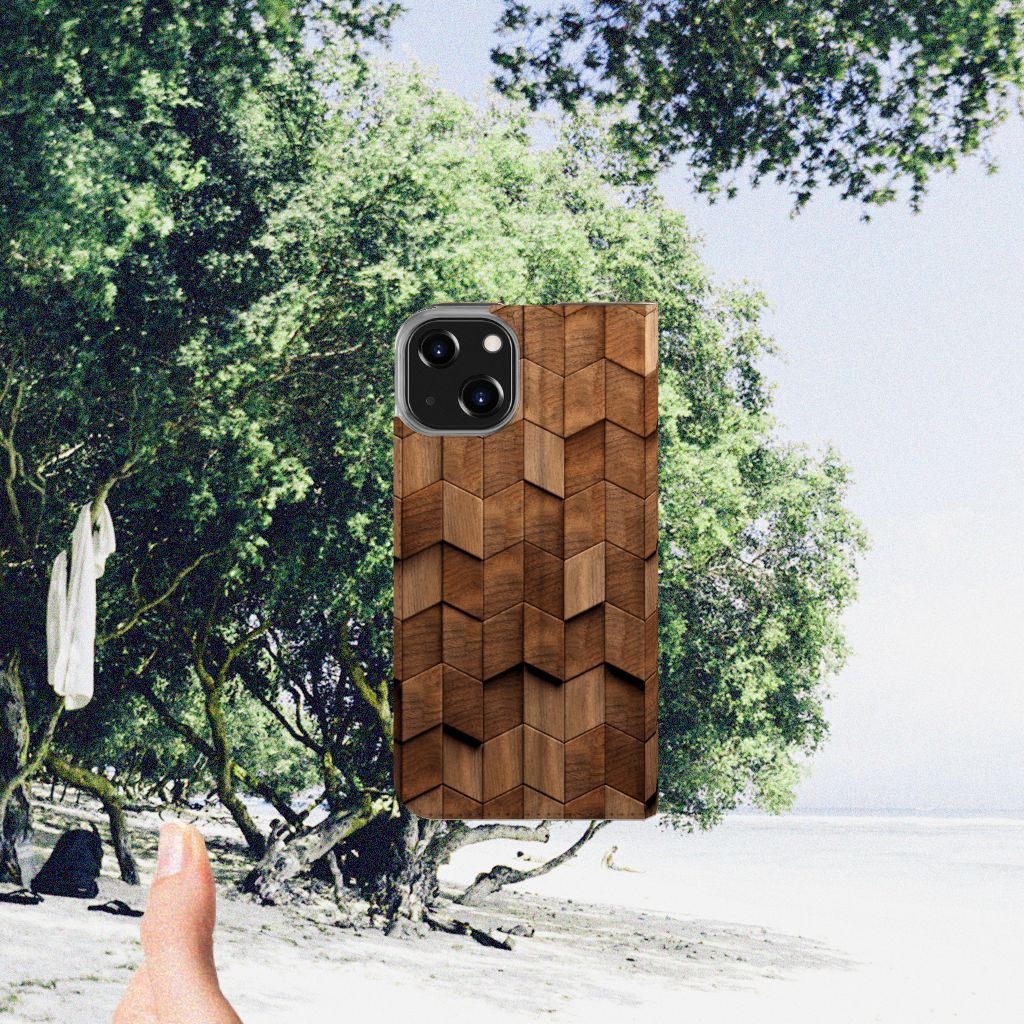 Book Wallet Case voor iPhone 14 Wooden Cubes