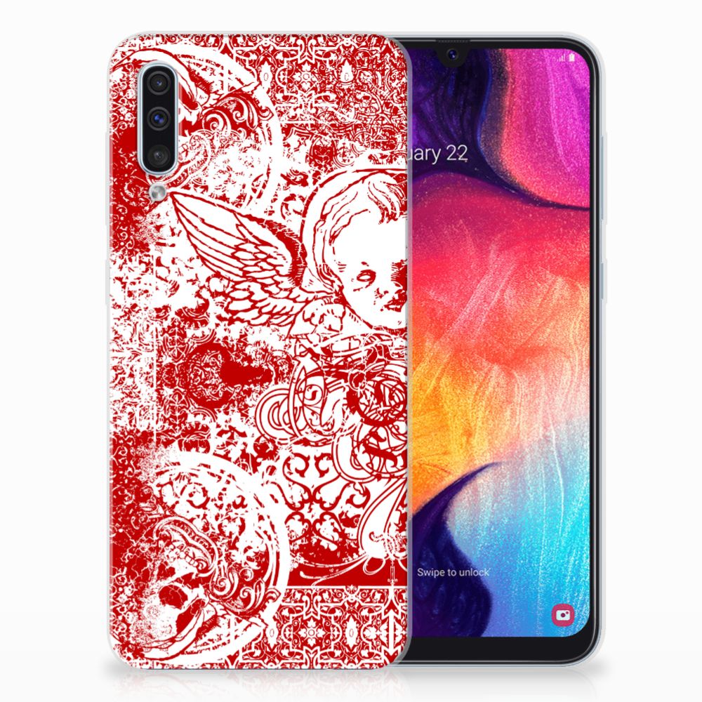 Silicone Back Case Samsung Galaxy A50 Angel Skull Rood