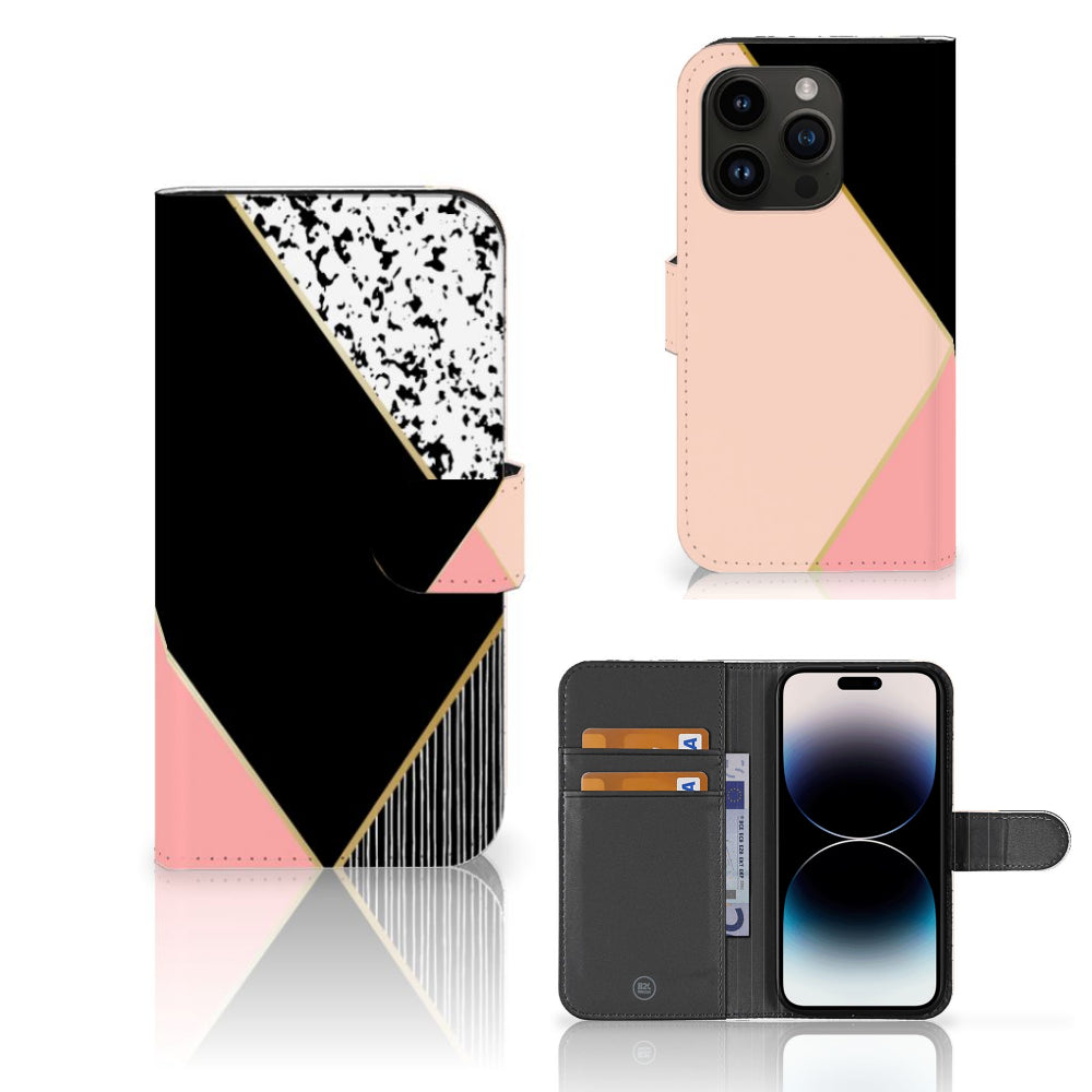 iPhone 15 Pro Book Case Zwart Roze Vormen