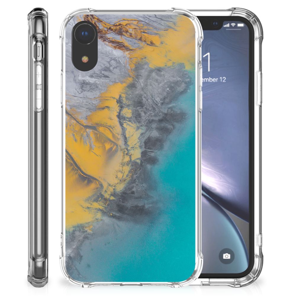 Apple iPhone Xr Anti-Shock Hoesje Marble Blue Gold
