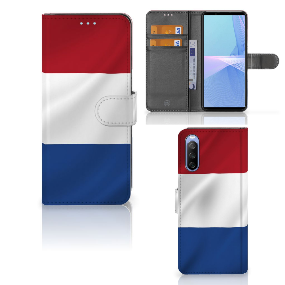 Sony Xperia 10 III Bookstyle Case Nederlandse Vlag met pasjeshouder en artistiek ontwerp van de Nederlandse vlag.