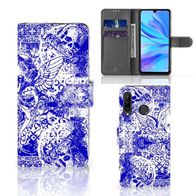 Telefoonhoesje met Naam Huawei P30 Lite (2020) Angel Skull Blauw