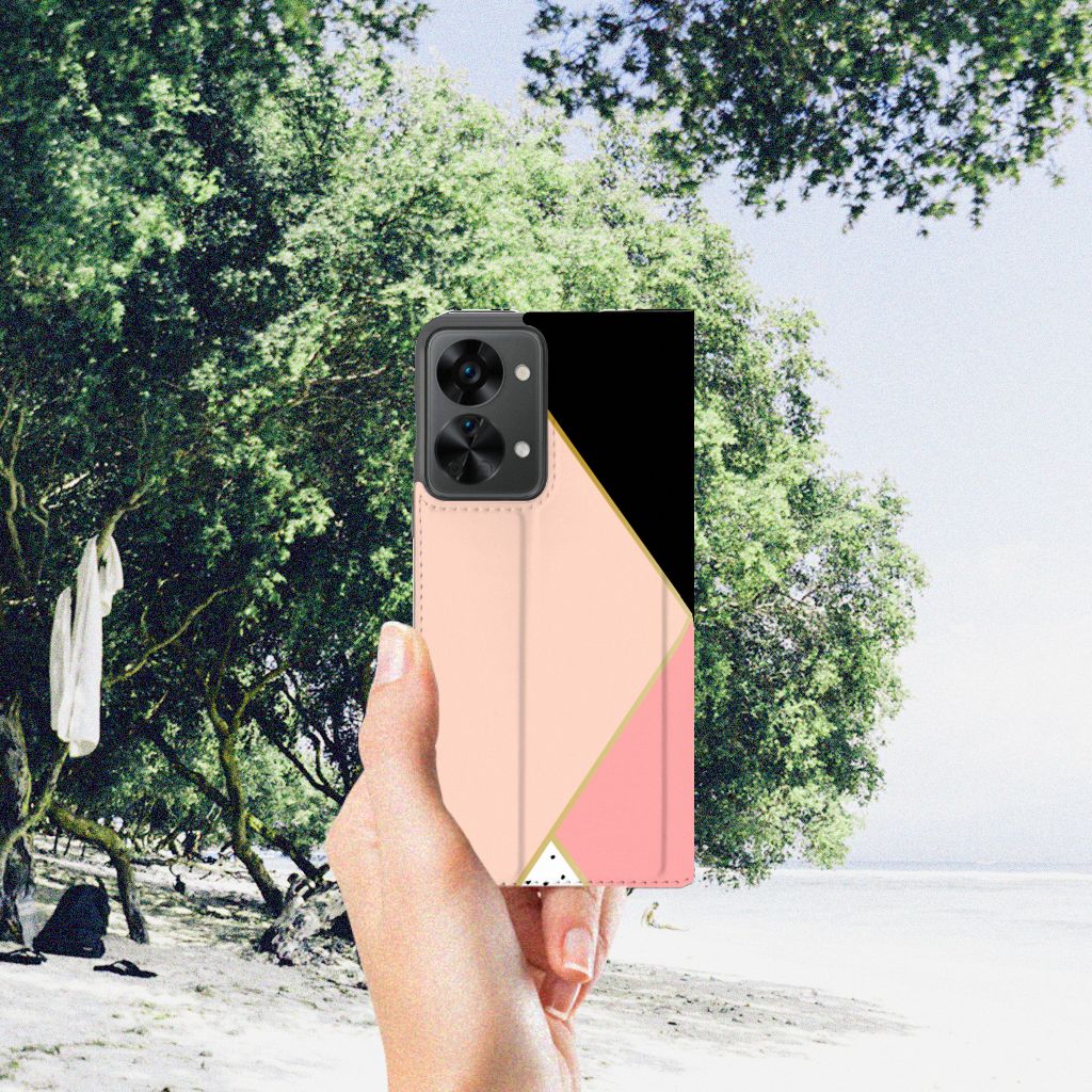 OnePlus Nord 2T Stand Case Zwart Roze Vormen - B2C Telecom