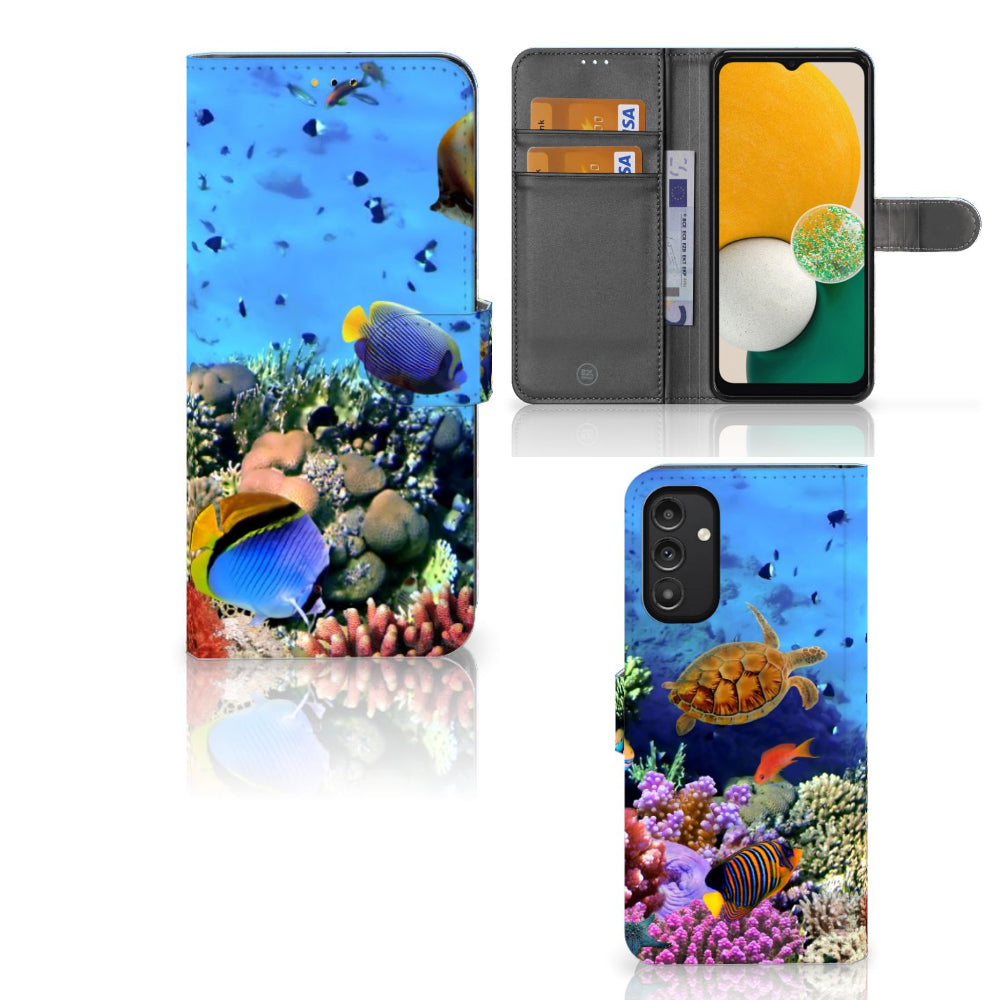 Samsung Galaxy A14 5G Telefoonhoesje met Pasjes Vissen met kleurrijke tropische vissen en ruimte voor pasjes.