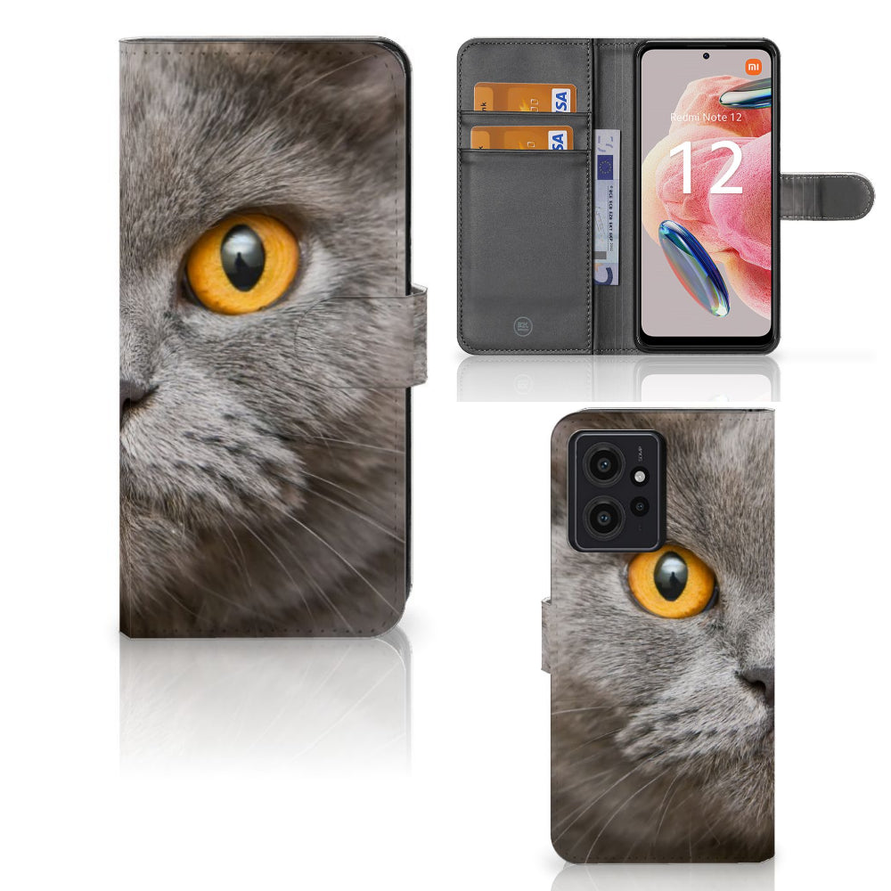 Telefoonhoesje met Pasjes Xiaomi Redmi Note 12 4G Britse Korthaar met opvallende ogen en interieur voor pasjes.