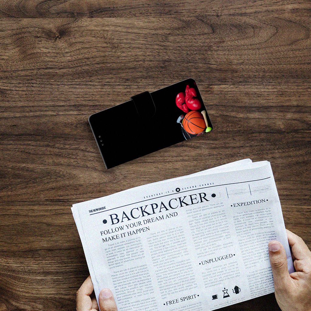 Xiaomi Redmi Note 10 Pro Wallet Case met Pasjes Sports with basketball and fruits on wooden table next to newspaper.