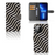 iPhone 13 Pro Book Case Illusion met abstracte zwart-witte streepdesign en opengeklapt voor interieur weergave.