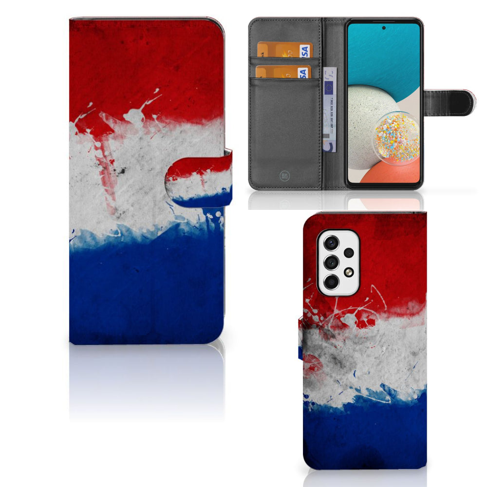Samsung Galaxy A53 Bookstyle Case Nederland met artistiek ontwerp van de Nederlandse vlag.
