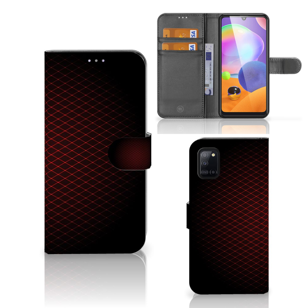 Samsung Galaxy A31 Telefoon Hoesje Geruit Rood met ruimte voor 3 pasjes, minimalistisch design en contrast kleuren.