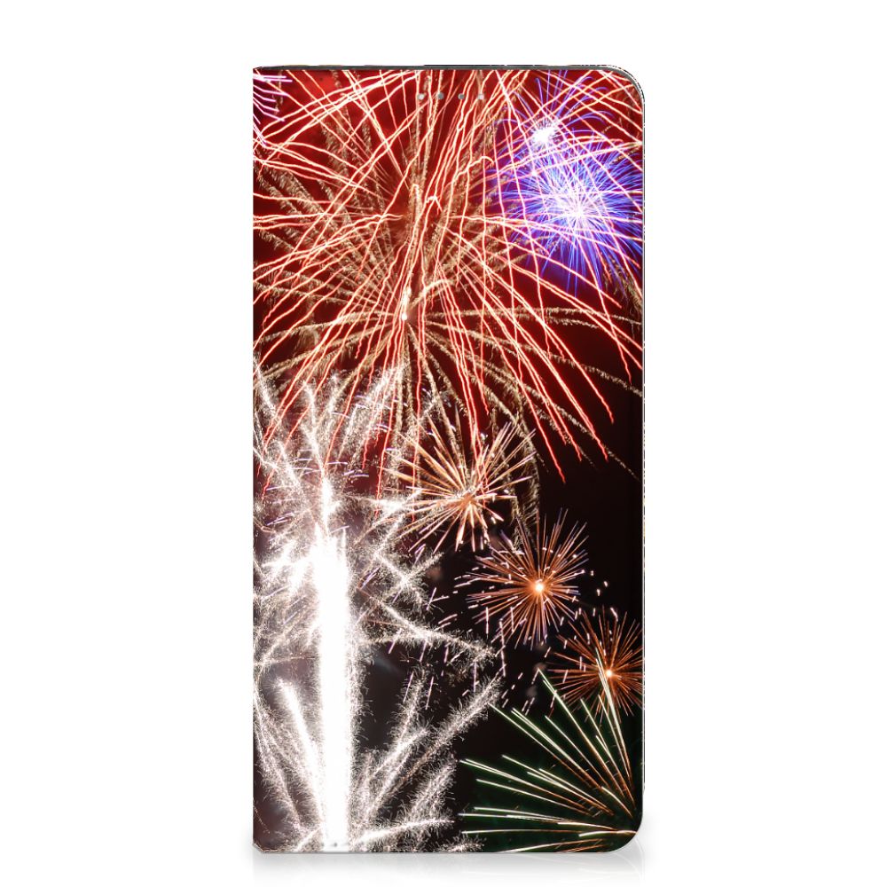 Samsung Galaxy A14 4G Hippe Standcase Vuurwerk met kleurrijke siervuurwerken op de achtergrond.