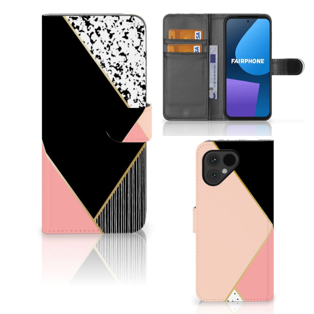 Fairphone 5 Book Case Zwart Roze Vormen