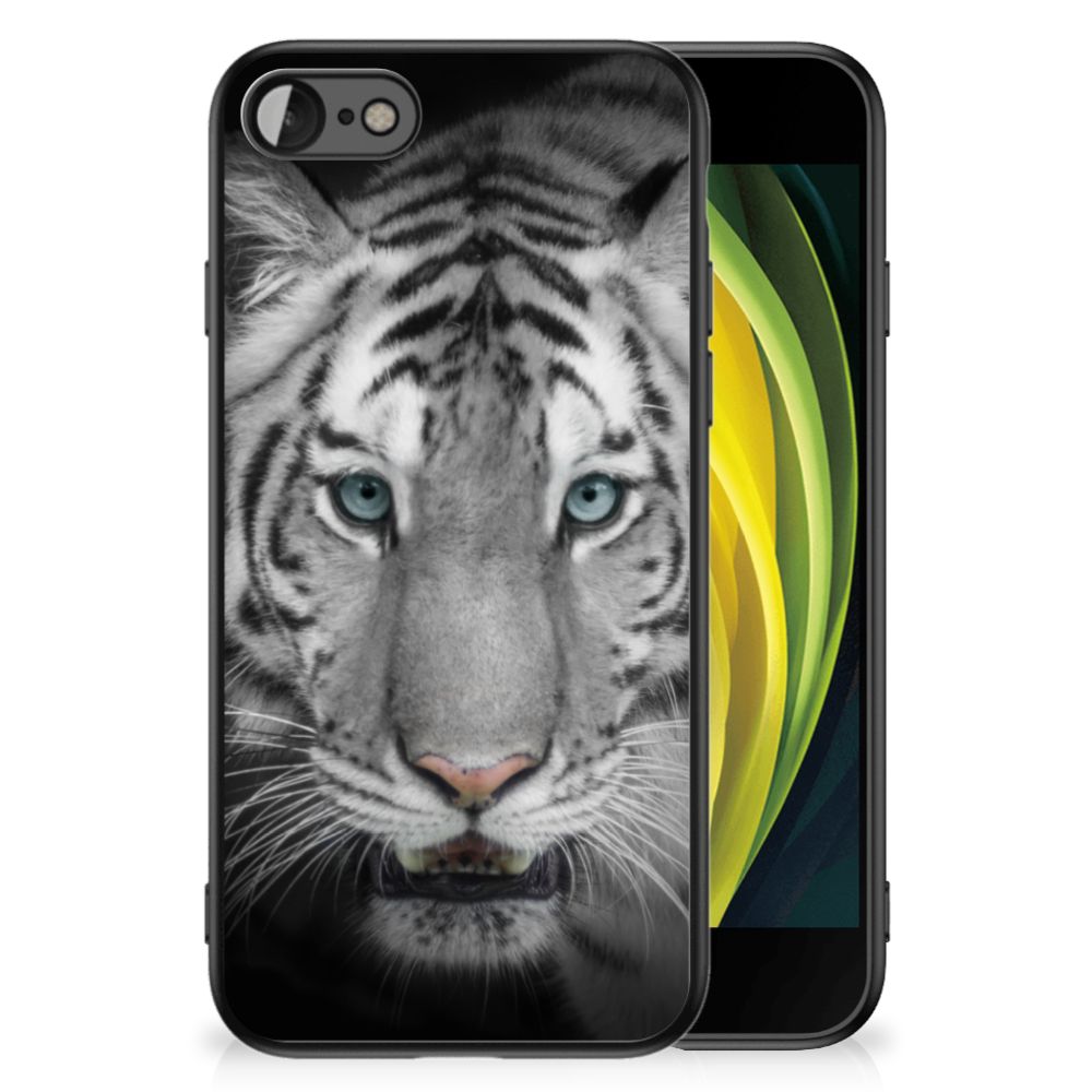 iPhone SE 2022 | SE 2020 | 7/8 Dierenprint Telefoonhoesje Tijger met wit tijgerontwerp op zwart telefoonhoesje.