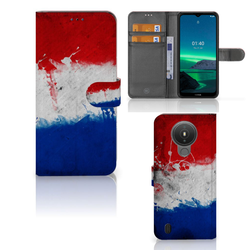 Nokia 1.4 Bookstyle Case Nederland met artistiek ontwerp van de Nederlandse vlag en ruimte voor pasjes.