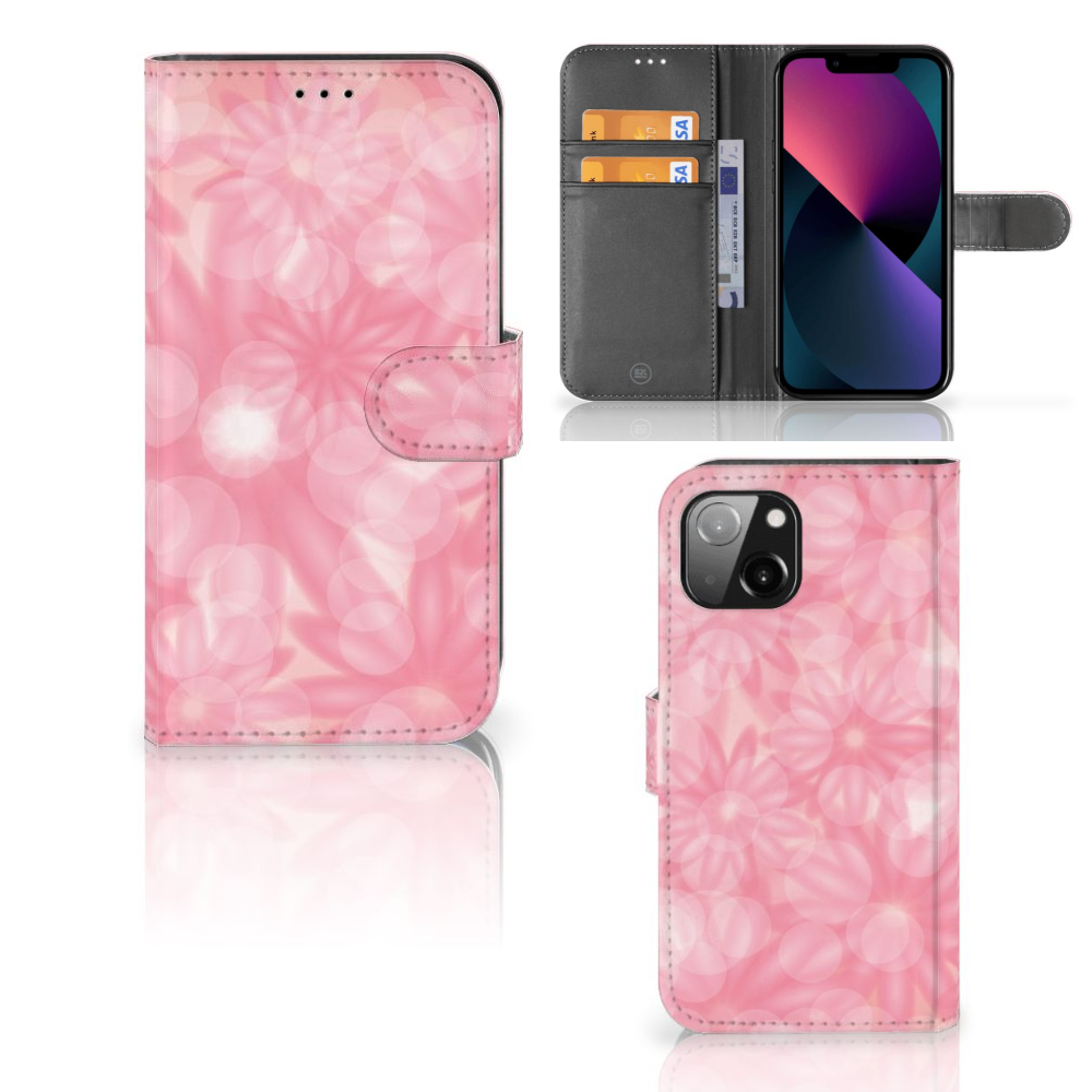 Apple iPhone 13 Hoesje Spring Flowers in roze met bloemetjes ontwerp en vakjes voor pasjes đ¸.