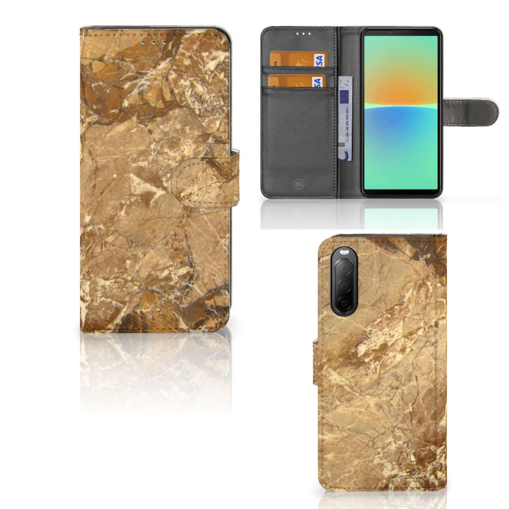 Sony Xperia 10 IV Bookcase Marmer Creme, luxe bookcase met marmeren uitstraling en ruimte voor pasjes.