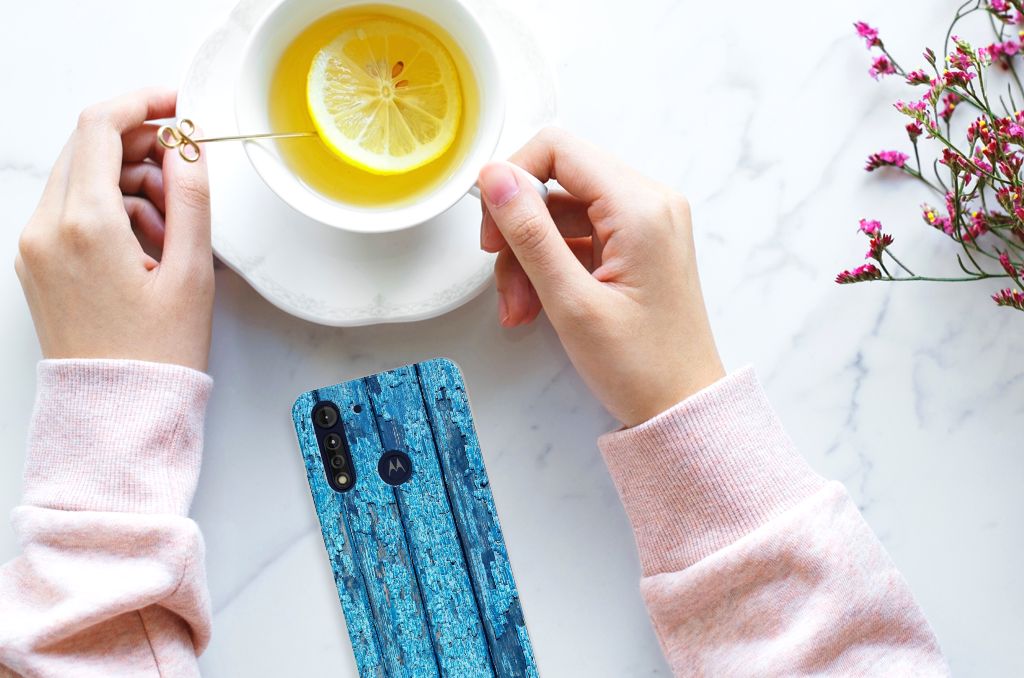 Motorola Moto G8 Power Lite Bumper Hoesje Wood Blue
