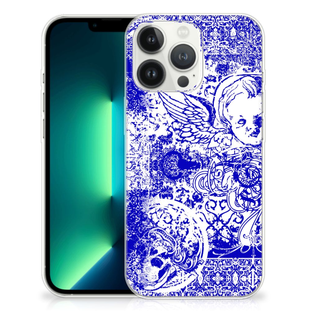 Silicone Back Case iPhone 13 Pro Max Angel Skull Blauw met een donkerblauw patroon en afbeeldingen van een engel en een schedel.