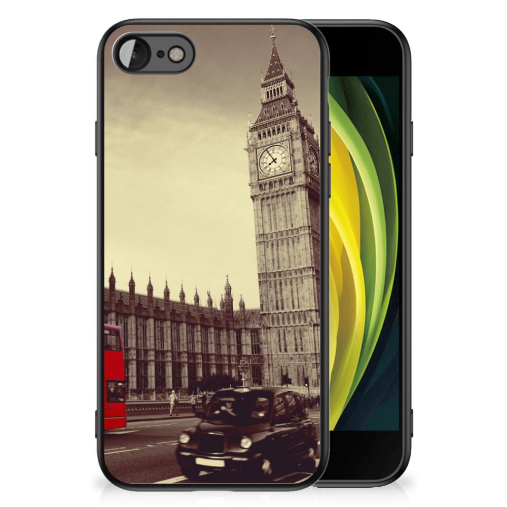 iPhone SE 2022 | SE 2020 | 7/8 TPU Backcover Londen met beeld van Big Ben en Londense taxi in zwart-wit design.