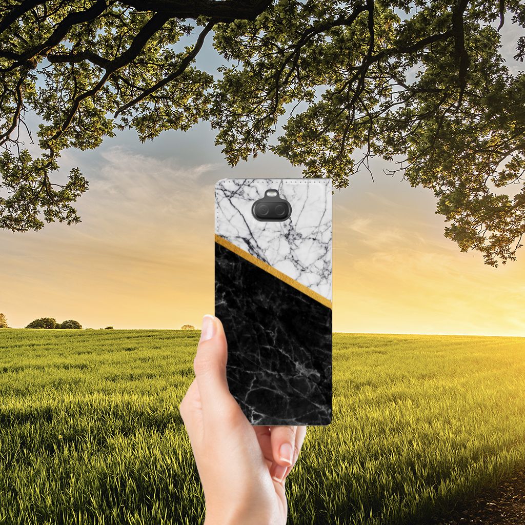 Sony Xperia 10 Plus Standcase Marmer Wit Zwart - Origineel Cadeau Man