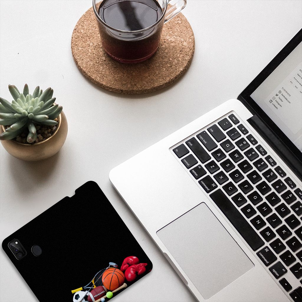 Samsung Galaxy M30s | M21 Hippe Standcase Sports on a desk with a laptop and coffee.