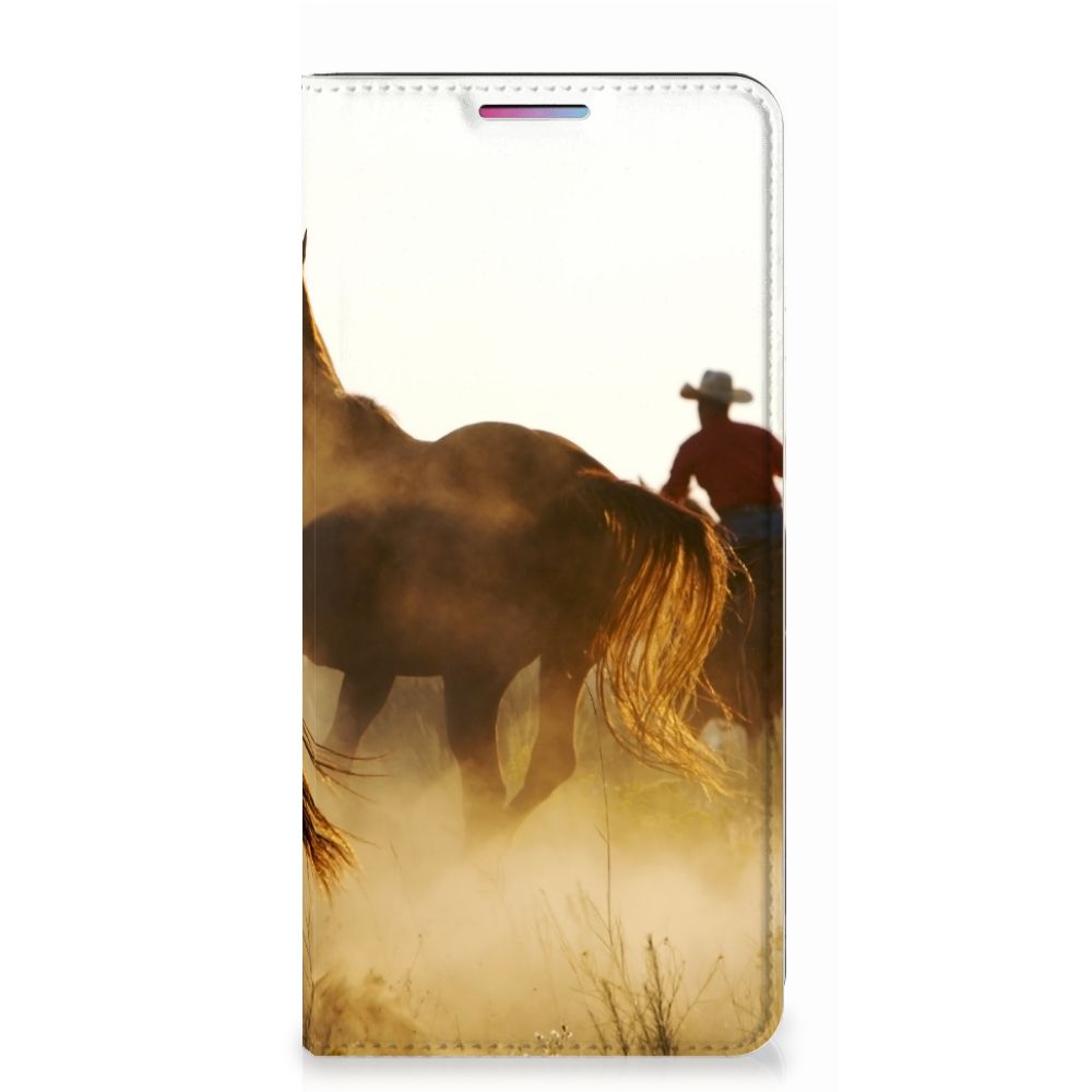 Motorola Moto G60s Hoesje maken Design Cowboy met afbeelding van paard en cowboy in zonsondergang