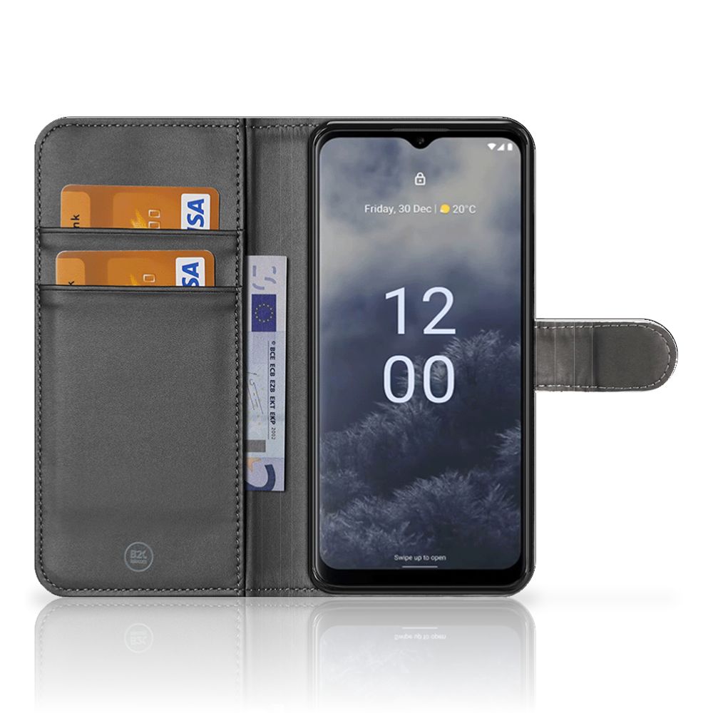Nokia G60 Telefoon Hoesje Geruit Rood met ruimte voor 3 pasjes, minimalistisch design en opvallende kleurcombinatie.