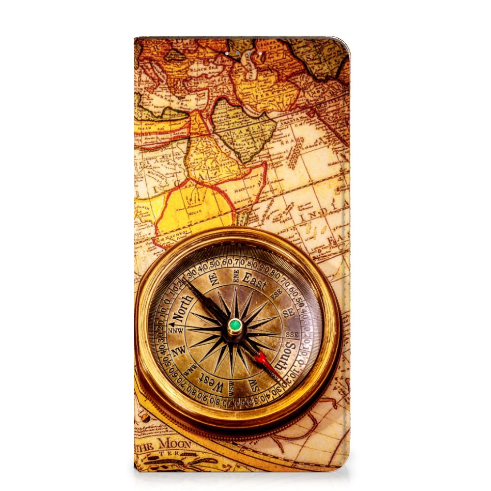 Samsung Galaxy A14 5G Book Cover Kompas met kompas en wereldkaart design op de achtergrond.