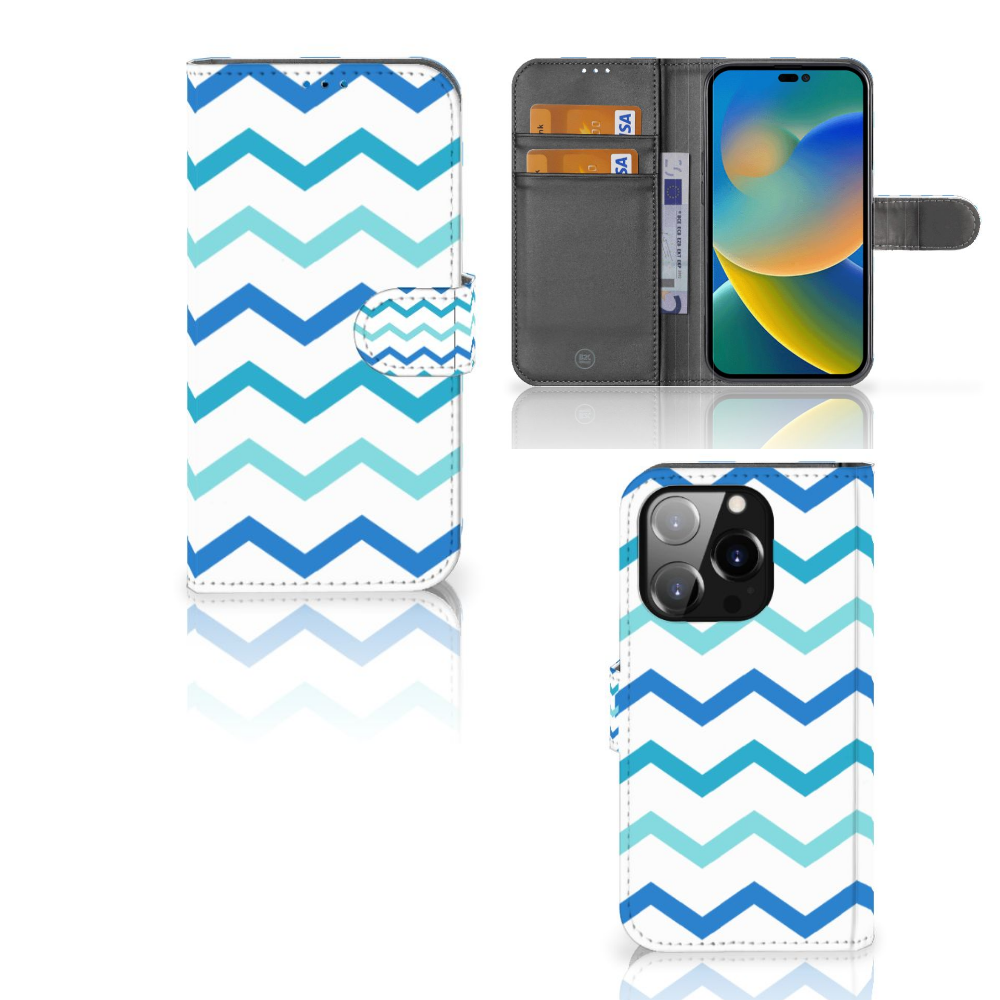 iPhone 14 Pro Telefoon Hoesje Zigzag Blauw met zigzag patroon en ruimte voor pasjes