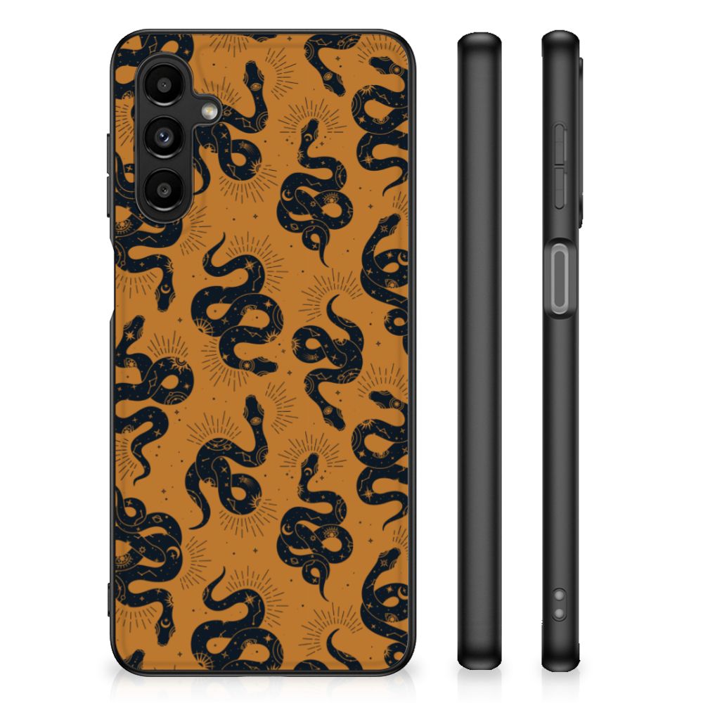 Dierenprint Telefoonhoesje voor Samsung Galaxy A14 5G Snakes met slangenpatroon op oranje achtergrond.