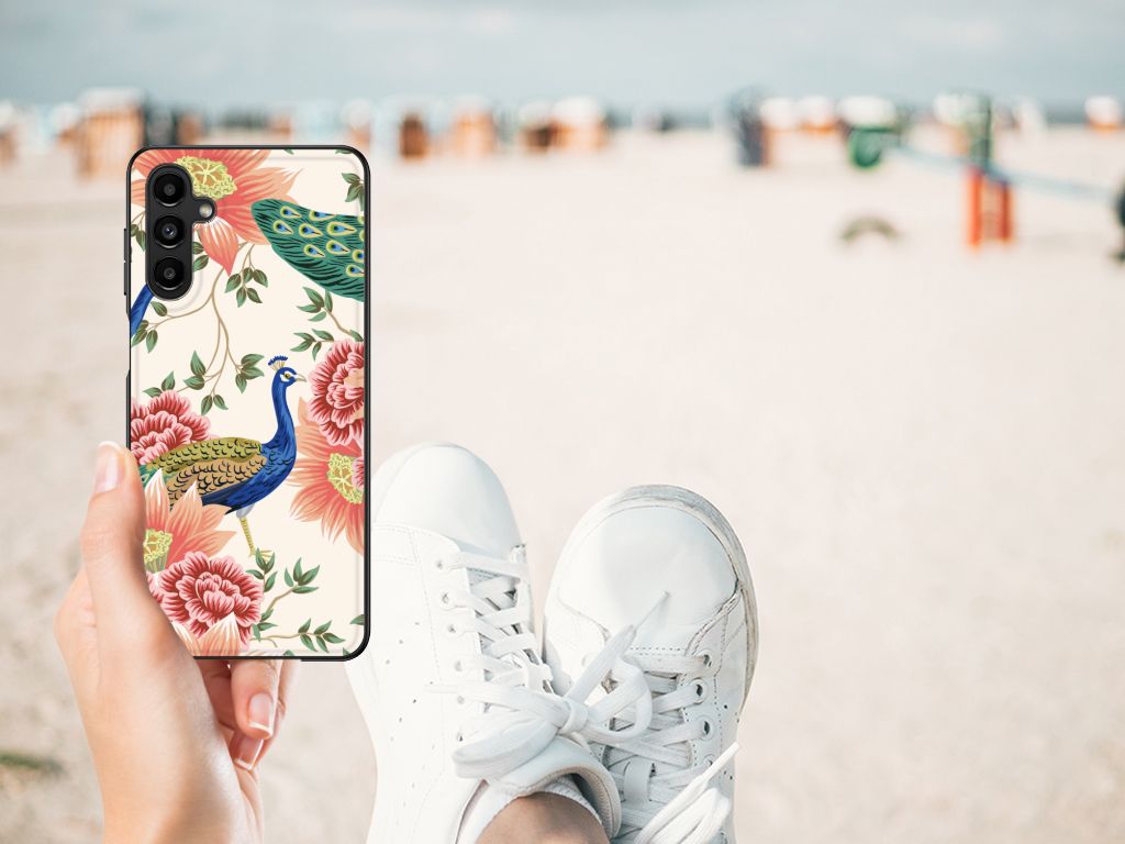 Dierenprint Telefoonhoesje voor Samsung Galaxy A14 5G Pink Peacock met pauwenontwerp op het strand