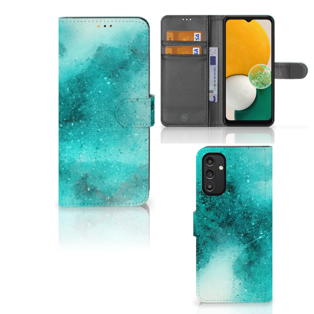Hoesje Samsung Galaxy A14 5G Painting Blue met een prachtig blauw palet en ruimte voor 3 pasjes.
