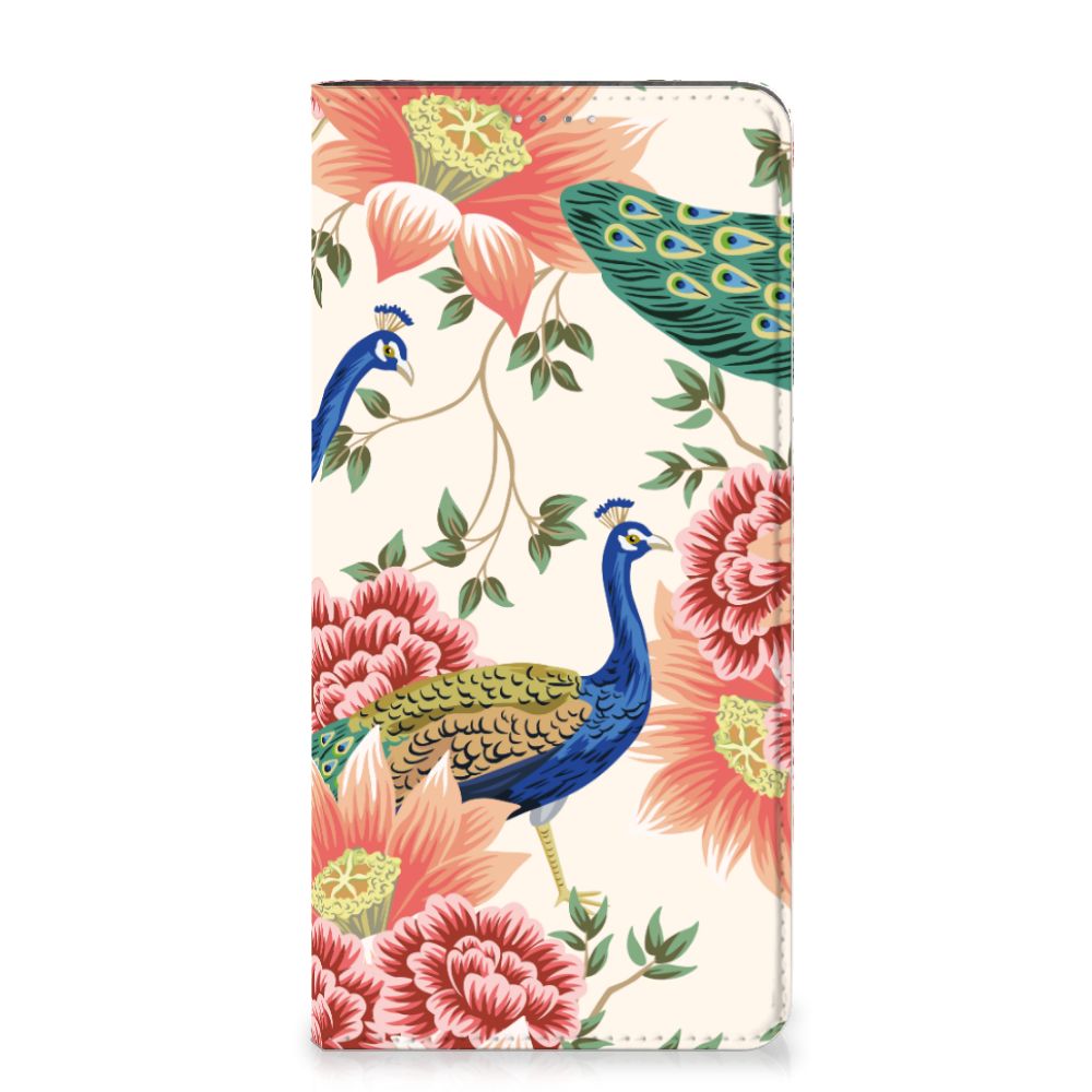 Hoesje maken voor Samsung Galaxy A14 4G Pink Peacock met kleurrijke pauwen en bloembloemen ontwerp.