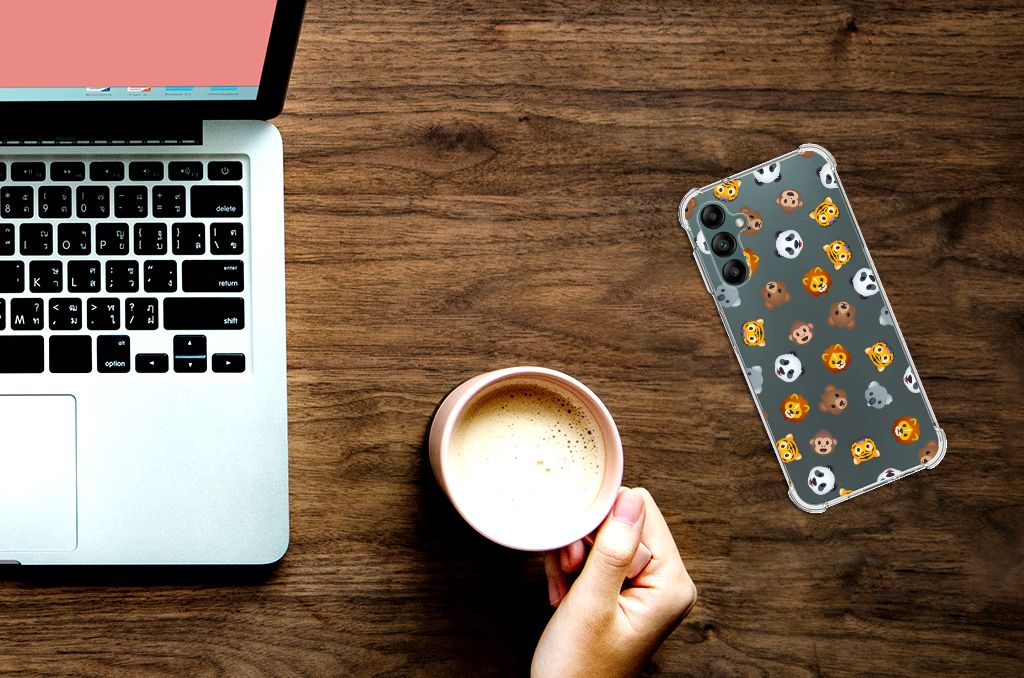 Doorzichtige Silicone Hoesje voor Samsung Galaxy A14 5G/4G Dieren Emojis naast laptop en een kopje koffie