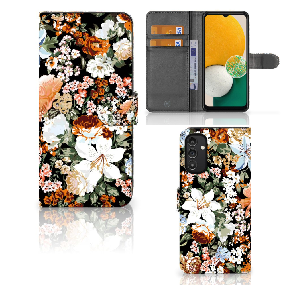 Hoesje voor Samsung Galaxy A14 4G Dark Flowers met bloemenprint en ruimte voor pasjes.