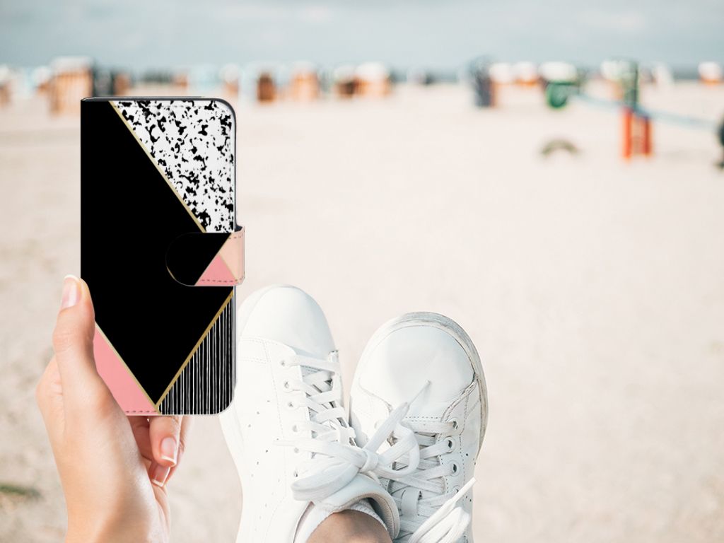 Samsung Galaxy M10 Book Case Zwart Roze Vormen