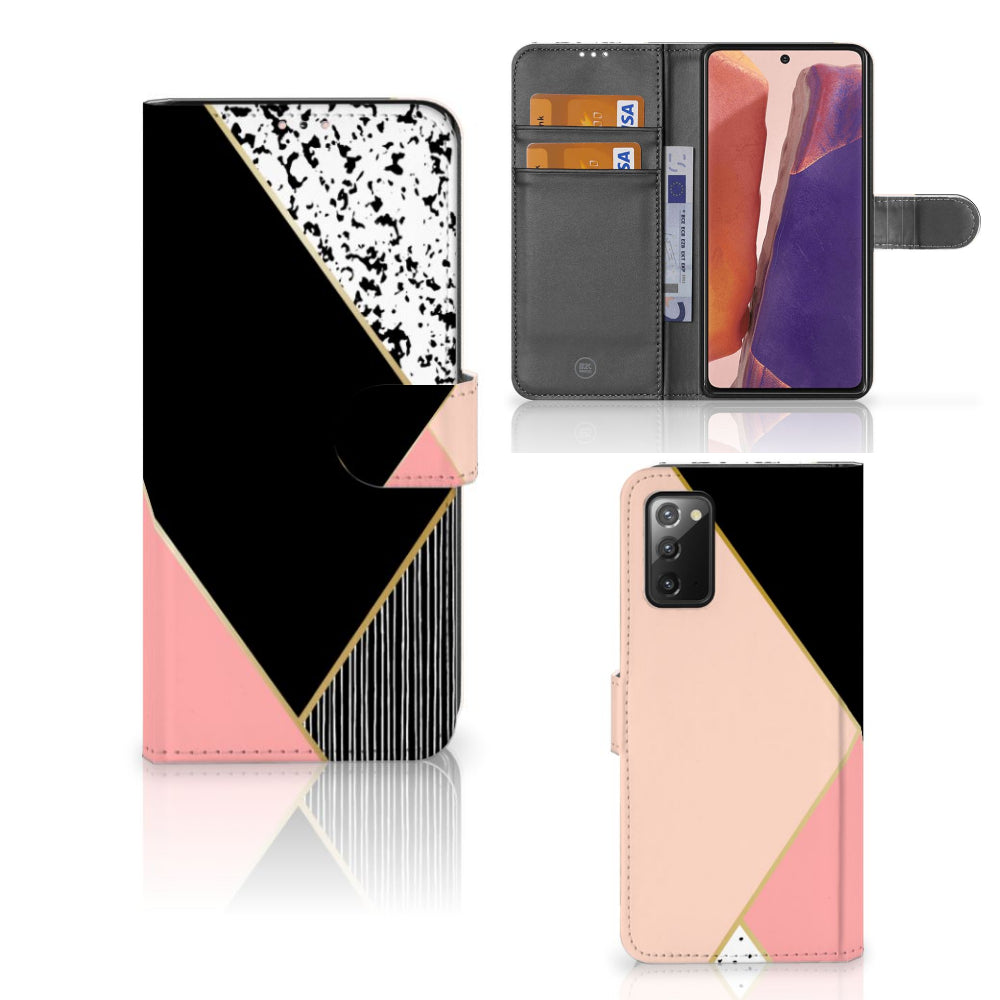 Samsung Galaxy Note 20 Book Case Zwart Roze Vormen