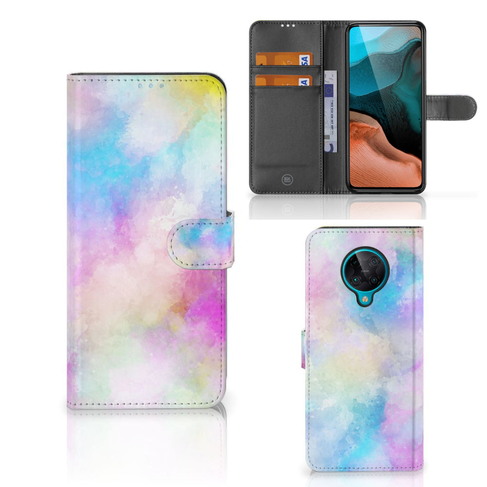 Hoesje Xiaomi Poco F2 Pro Watercolor Light in pastel kleuren met pasjeshouder en smartphone.
