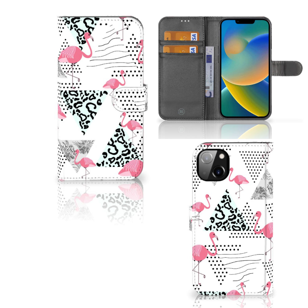 iPhone 14 Plus Telefoonhoesje met Pasjes Flamingo Triangle