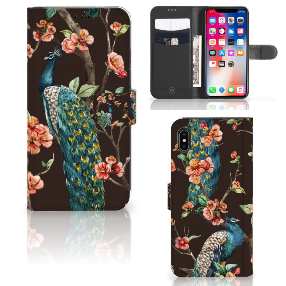 Apple iPhone Xs Max Telefoonhoesje met Pasjes Pauw met Bloemen