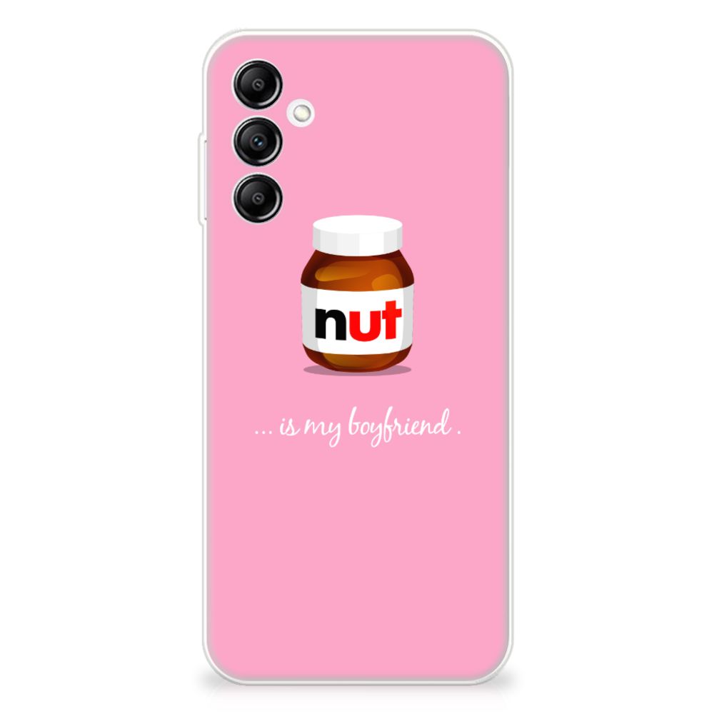 Samsung Galaxy A14 5G Siliconen Case Nut Boyfriend met illustratie van chocoladepasta op een roze achtergrond.